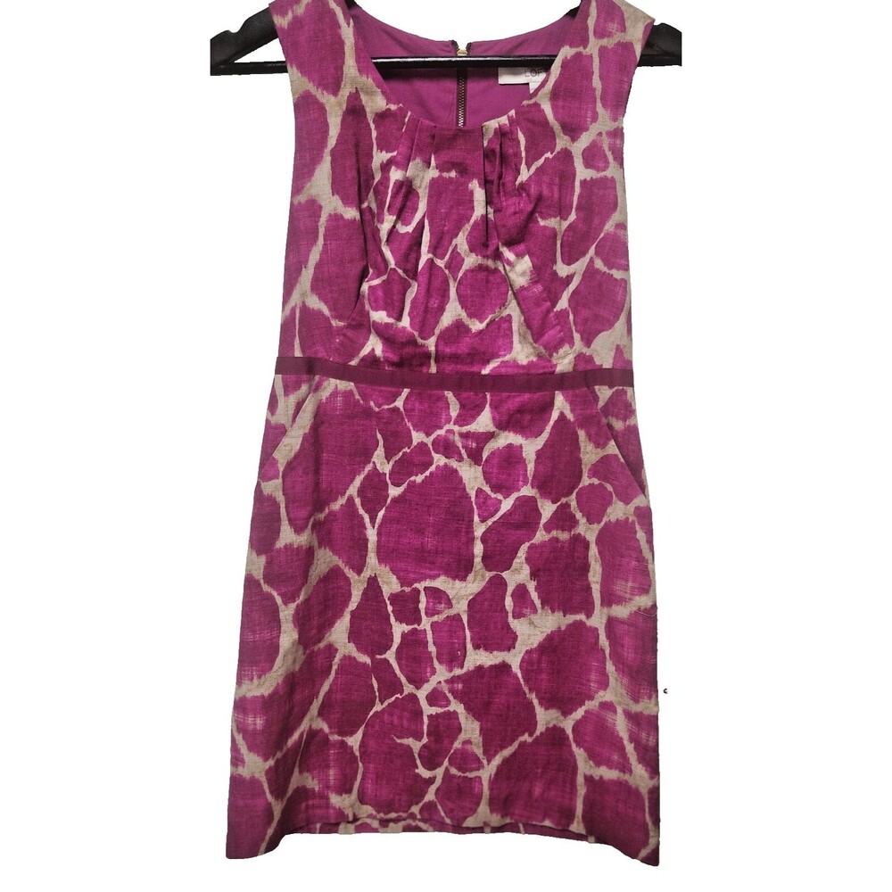 Loft Fuchsia Tan Giraffe Print Dress Size 00P Petite 100% Cotton Career Pockets